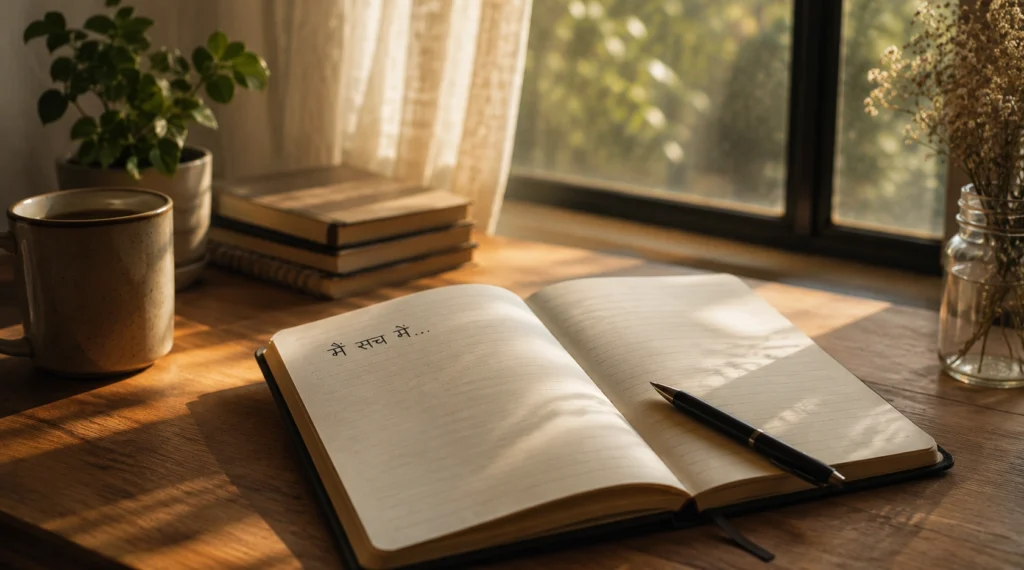 Open diary with unfinished sentence in morning sunlight representing self reflection and emotional honesty