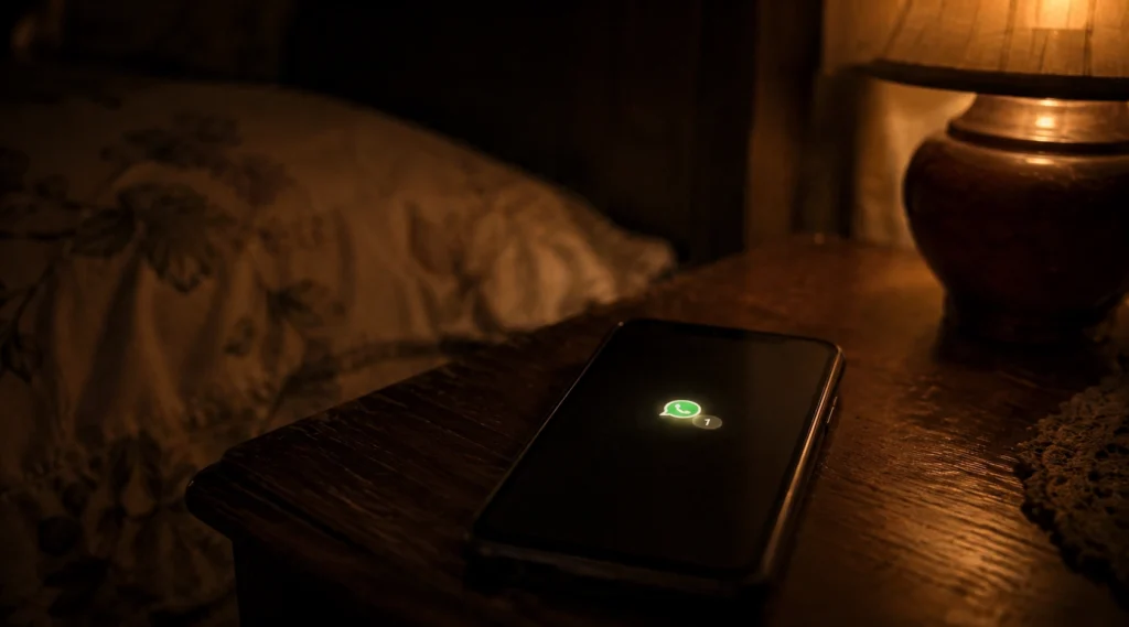 Unread WhatsApp notification glowing on phone screen at night