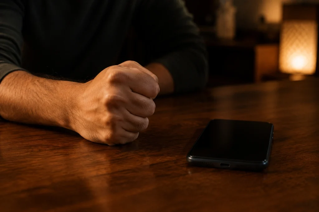 Clenched fist beside switched-off phone showing silent anger and revenge emotion
