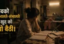 Young woman studying beside unfinished household chores in Indian home