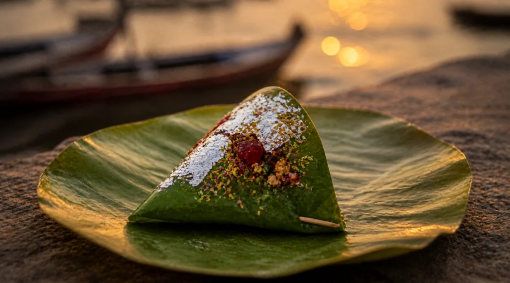 banana leaf पर रखा एक बनारसी मीठा पान — evening light