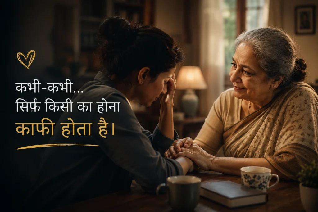 एक बुज़ुर्ग महिला एक परेशान युवा महिला का हाथ पकड़कर उसे भावनात्मक सहारा देती हुई
