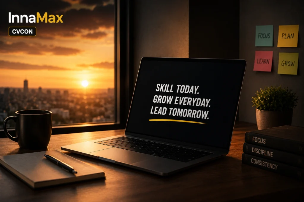 Inspirational workspace with laptop during sunset symbolizing career growth and learning