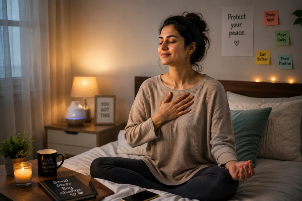 A calm young woman meditating peacefully in her bedroom during a self-care routine.