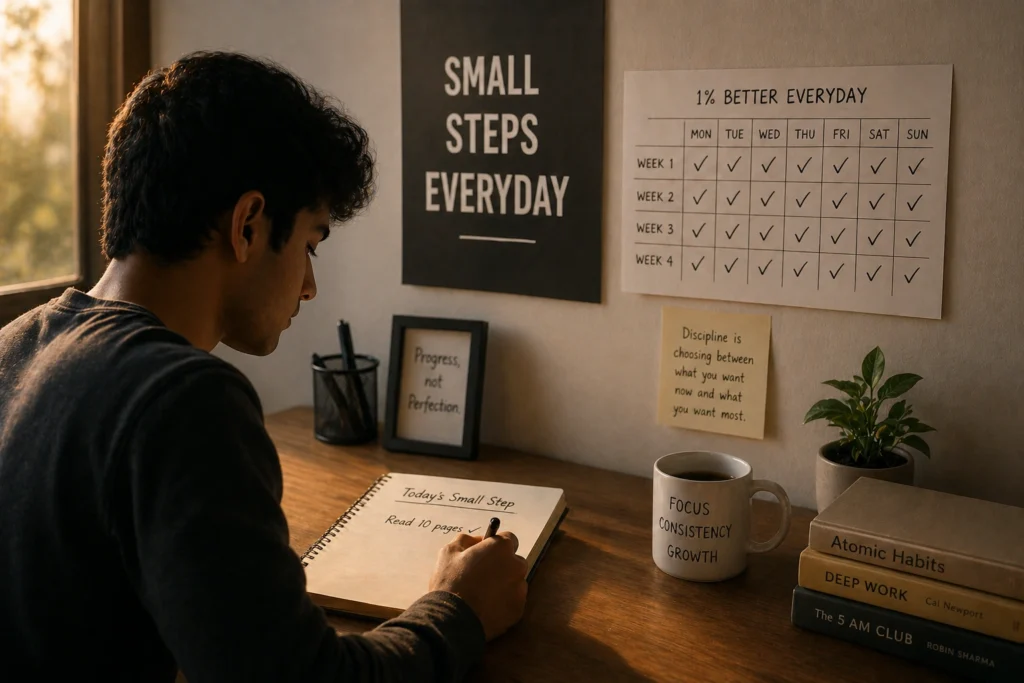person taking small steps writing habit notebook calm focus environment