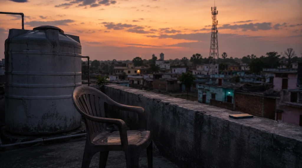 Small-town India rooftop evening scene with smartphone and empty chair