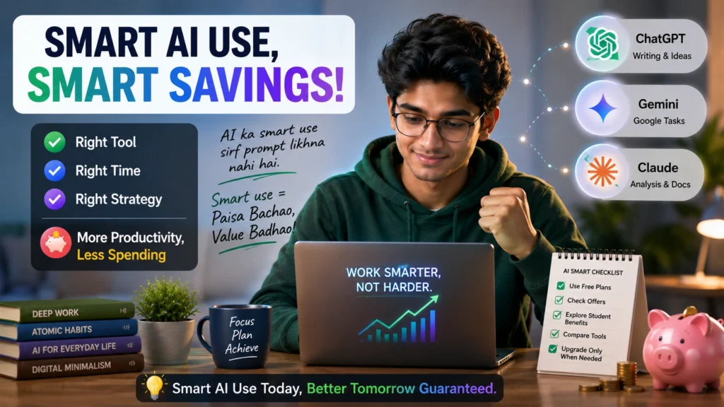 Young Indian user learning smart AI usage and saving money with ChatGPT Gemini and Claude