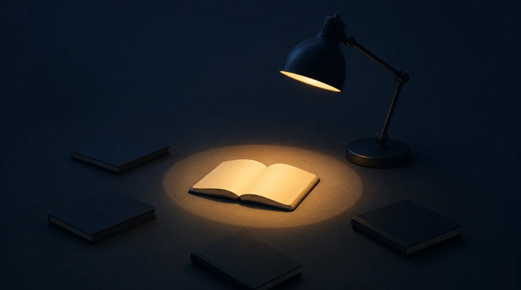 Desk lamp illuminating one open notebook while four closed notebooks remain in darkness