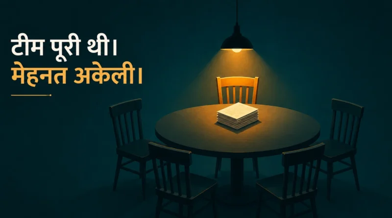 Minimal illustration of five chairs around a table with only one chair illuminated representing social loafing