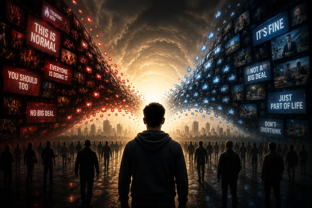 A symbolic illustration showing how social media slowly changes human perception and normalizes behavior.