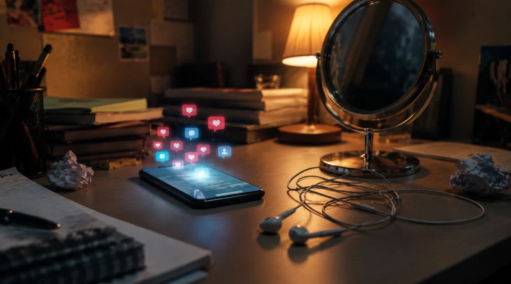 Smartphone notifications beside mirror and earphones on messy desk symbolizing social media overthinking