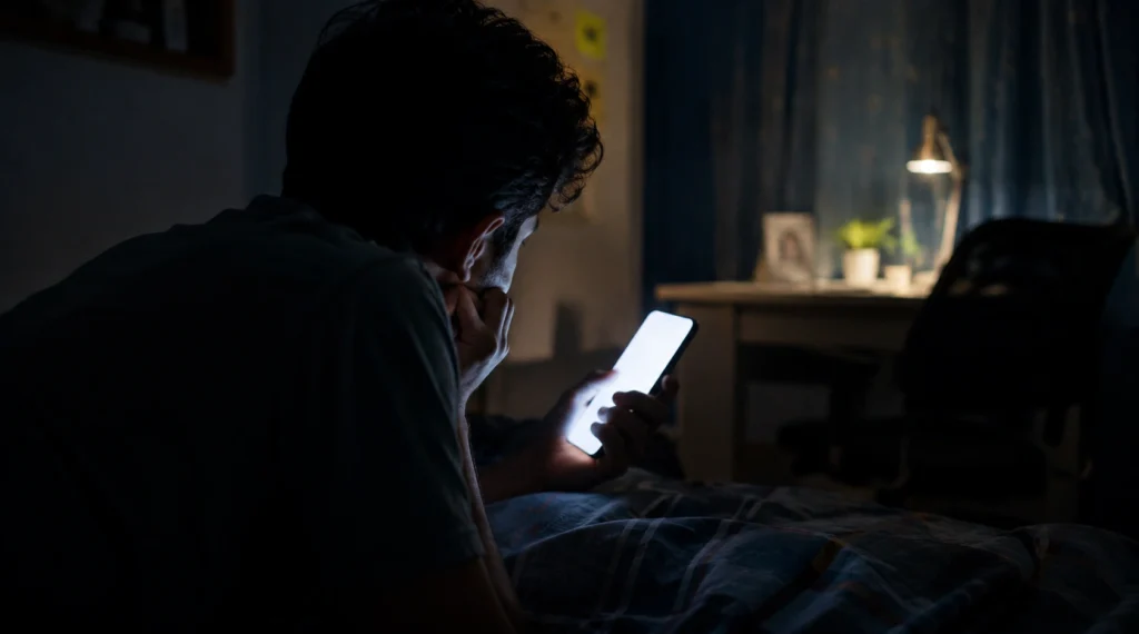 Person scrolling social media alone late at night in dark room