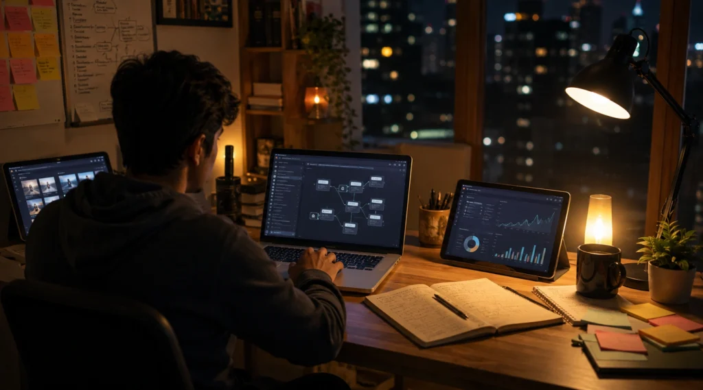 Solo Indian creator working late night with AI workflow screens