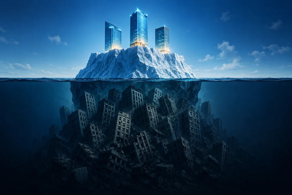 Startup success iceberg showing visible unicorns above water and failed startups below
