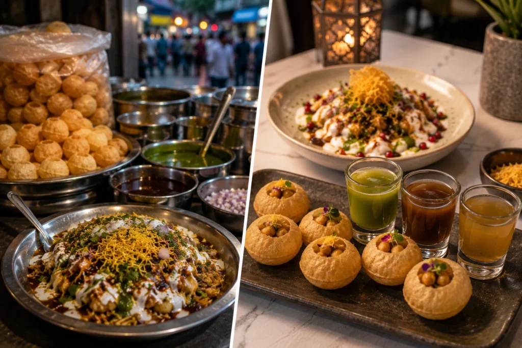 Traditional Indian chaat presented in a modern premium restaurant setting