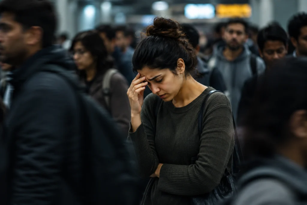 A stressed young woman standing overwhelmed in a crowded public place surrounded by moving people.