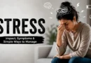 A stressed young woman sitting on a couch with visual stress symbols around her and the word Stress highlighted beside her.