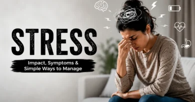 A stressed young woman sitting on a couch with visual stress symbols around her and the word Stress highlighted beside her.