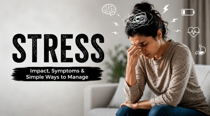 A stressed young woman sitting on a couch with visual stress symbols around her and the word Stress highlighted beside her.