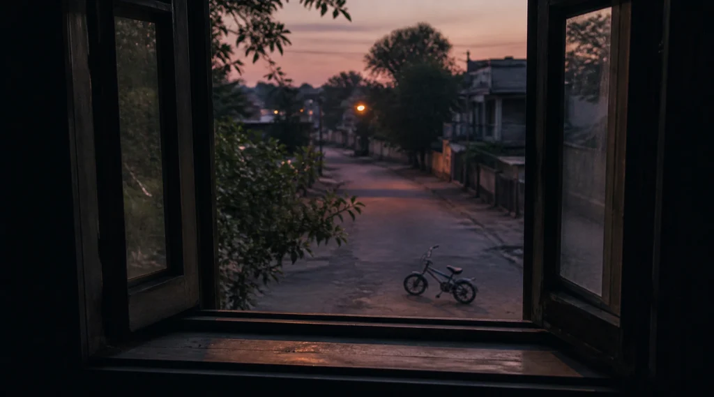Empty window overlooking a quiet Indian street at dusk with a small bicycle symbolizing failure and trying again