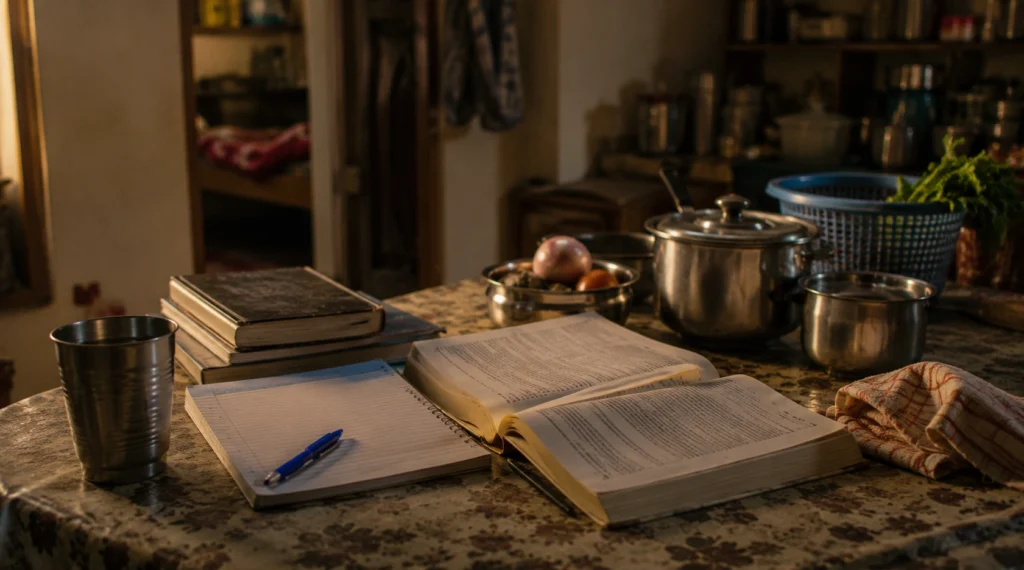 Open books beside kitchen utensils on Indian dining table