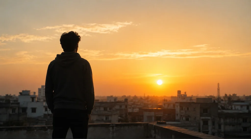 Silhouette of person standing peacefully on rooftop during sunrise