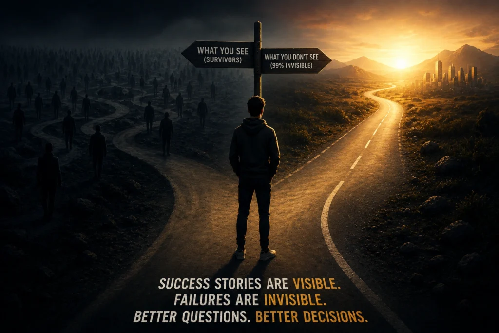 Person standing between visible success and invisible failures representing survivorship bias