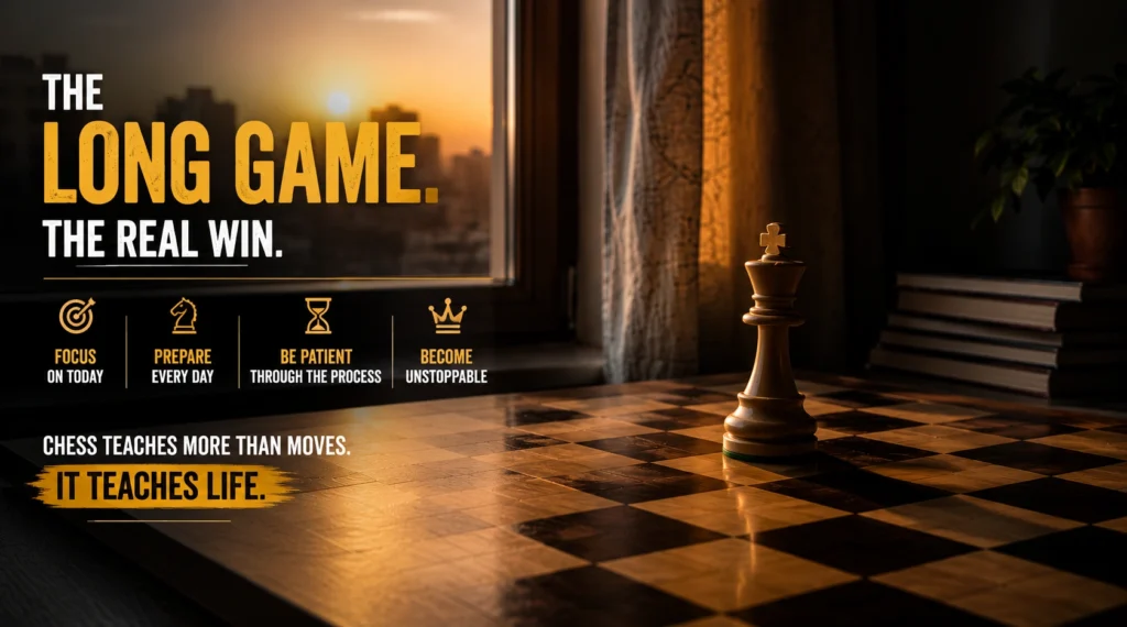 Single king chess piece beside apartment sunrise window symbolizing patience and long-term ambition