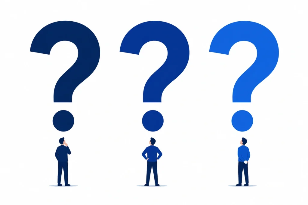 Three bold question marks representing critical thinking against survivorship bias