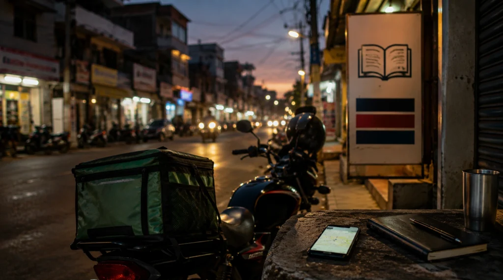Tier-2 India evening street with delivery bike and smartphone representing digital side-income culture