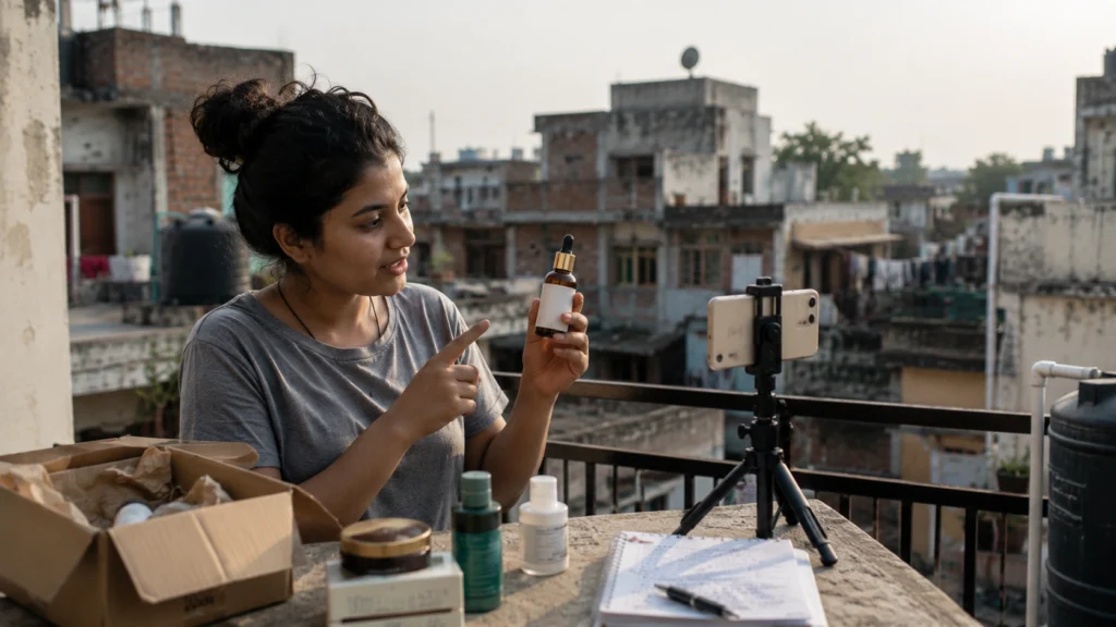 Young Indian creator filming product content from rooftop in small-town India