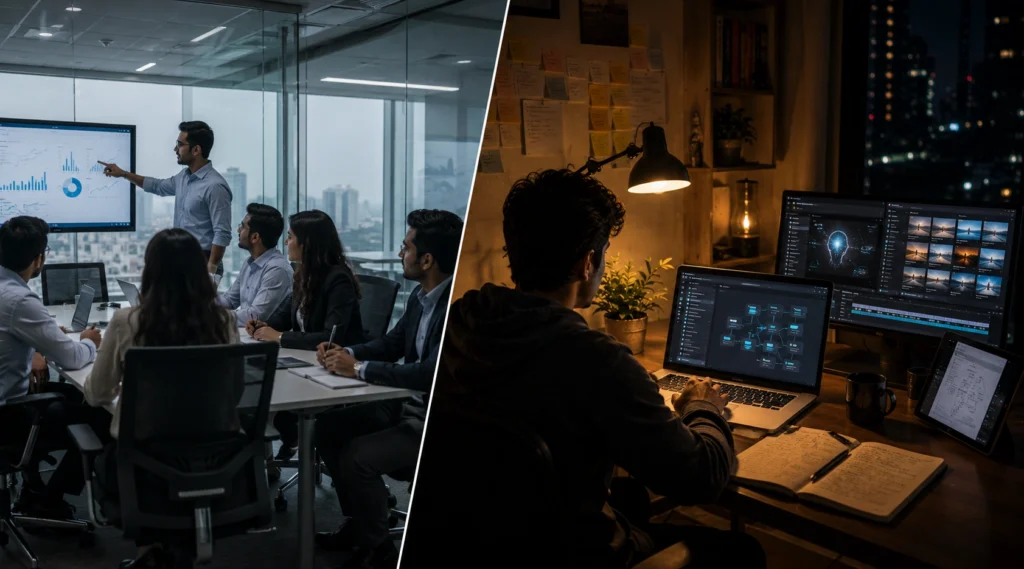Traditional office team contrasted with solo AI-powered creator workspace