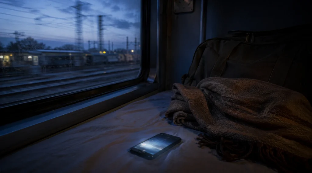 Phone notification glowing beside train berth during early morning