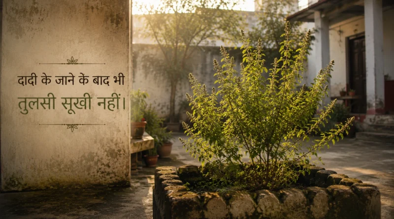 Green tulsi plant in old Indian courtyard during morning sunlight