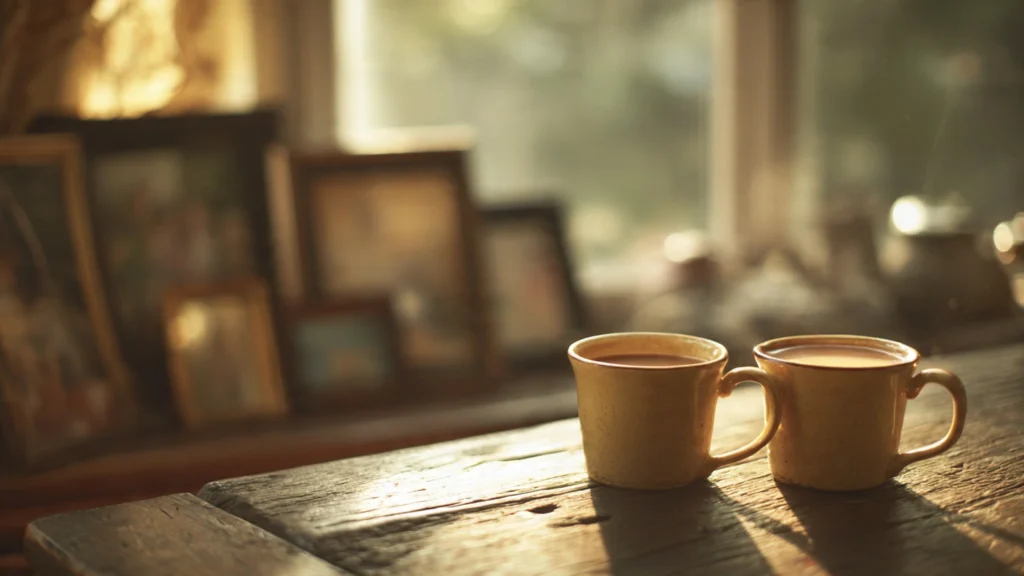 लकड़ी की मेज़ पर रखे दो chai cups emotional memory symbolism के साथ