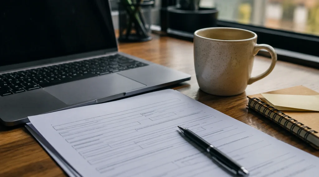 Unfinished application form beside laptop and coffee mug on desk