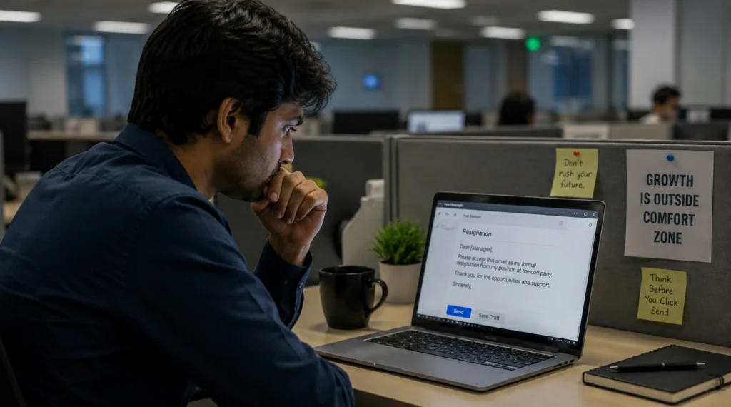 Indian office worker staring at unsent resignation email in corporate cubicle