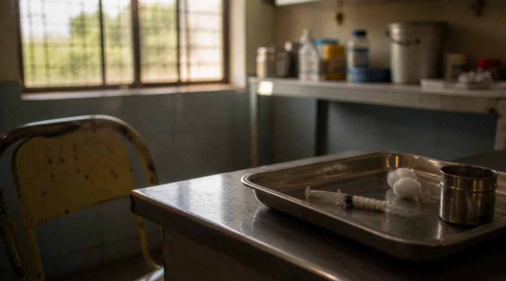 vaccination tray with syringe and cotton in indian clinic setting representing child vaccination moment