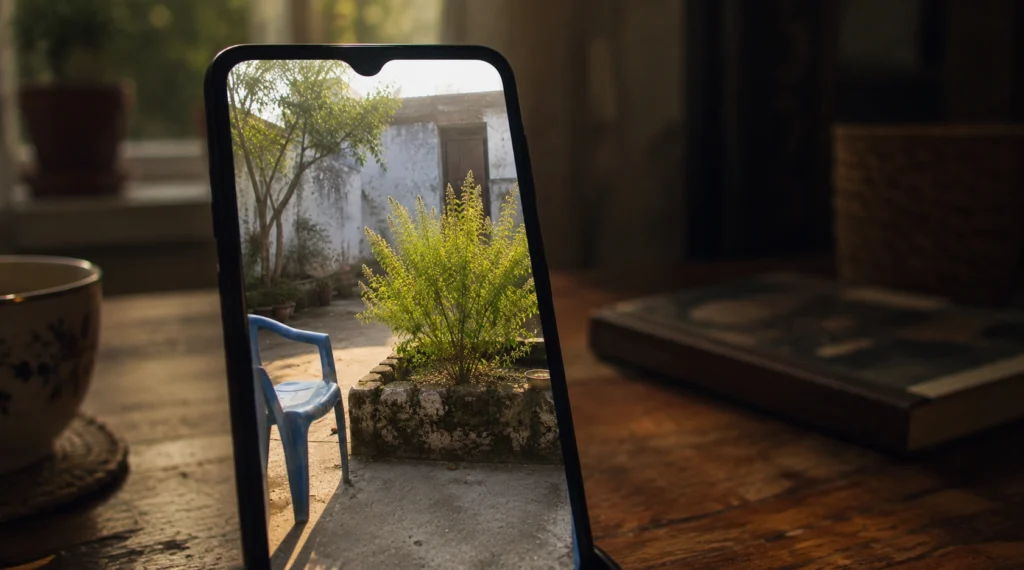Phone video call showing Indian courtyard and tulsi plant