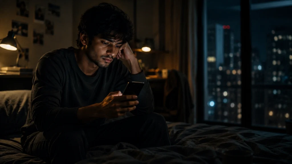 रात में phone check करता हुआ emotionally dependent युवा