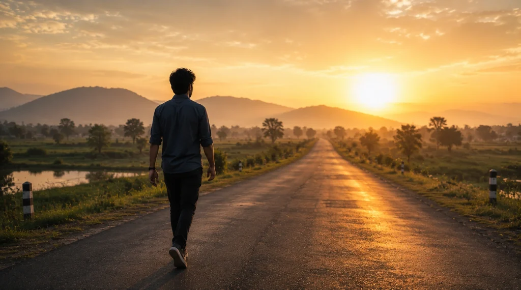 Person walking toward sunrise on a long road representing growth beyond fear and limitations