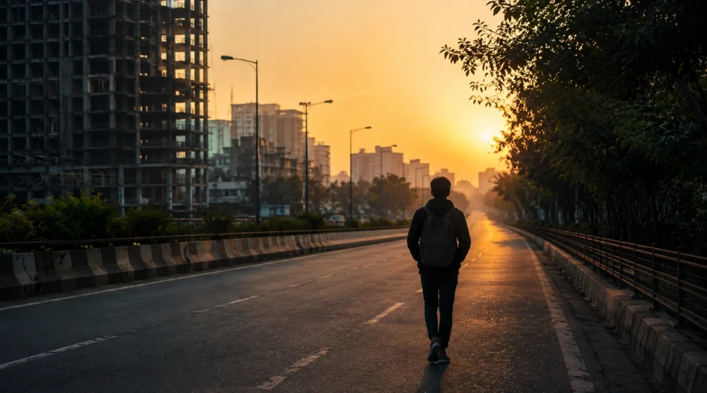 Person walking alone on empty road during sunrise with backpack
