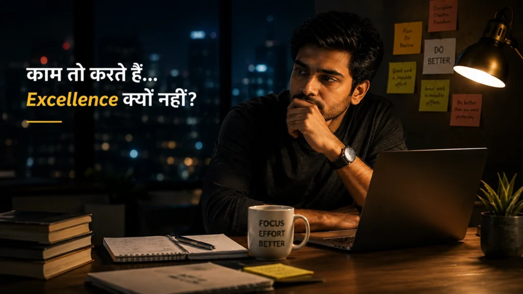 Young professional thinking deeply about work excellence while sitting at laptop late at night