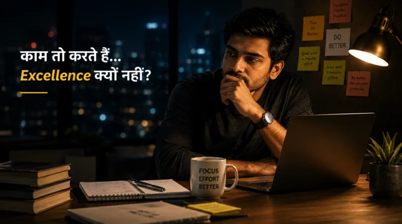 Young professional thinking deeply about work excellence while sitting at laptop late at night