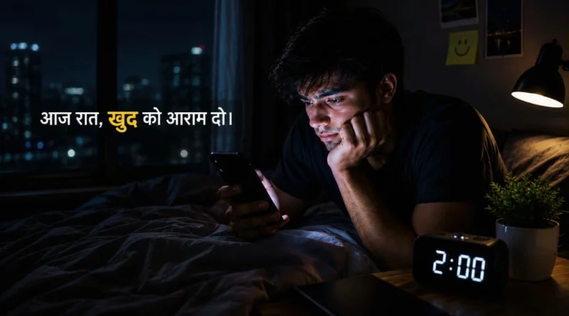 Young man scrolling smartphone at 2 AM in bedroom while struggling with sleep and screen addiction.