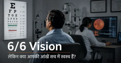 Patient with 6/6 Vision during eye examination while doctor reviews retinal scans for hidden eye disease