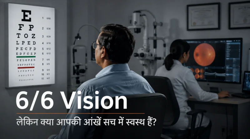 Patient with 6/6 Vision during eye examination while doctor reviews retinal scans for hidden eye disease
