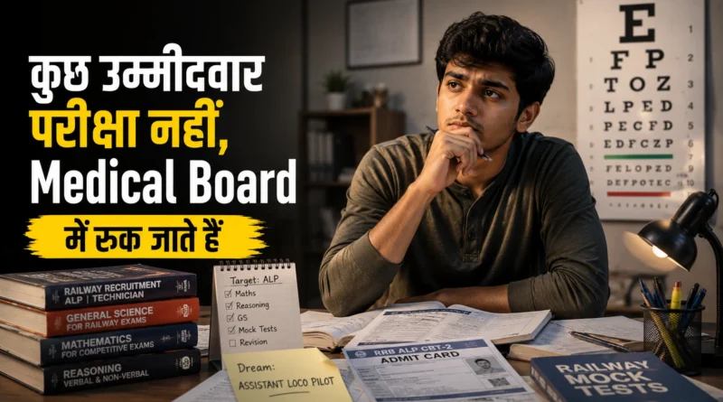 RRB ALP Medical Test की तैयारी करता एक रेलवे उम्मीदवार Vision Assessment और Medical Board को लेकर सोचते हुए