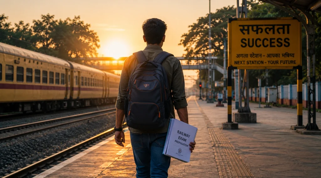 रेलवे भर्ती का उम्मीदवार स्टेशन की ओर बढ़ते हुए अपने भविष्य की यात्रा की कल्पना करता हुआ