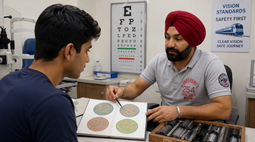 Vision Assessment Professional वरिंदर जीत सिंह एक उम्मीदवार को Color Vision Test समझाते हुए